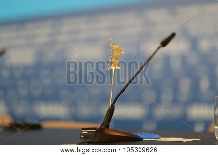 BERLIN, GERMANY - FEBRUARY 5: Golden Bear and microphone pose during the  press conference for the 'Nadie quiere la noche'  presented at the 65th Film Festival in Berlin, on February 5, 2015.