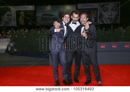 Peter Lanzani, Pablo Trapero and actor Guillermo Francella attend a premiere for 'El Clan' during the 72nd Venice Film Festival at Sala Grande on September 06, 2015 in Venice, Italy.