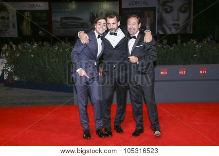 Peter Lanzani, Pablo Trapero and actor Guillermo Francella attend a premiere for 'El Clan' during the 72nd Venice Film Festival at Sala Grande on September 06, 2015 in Venice, Italy.