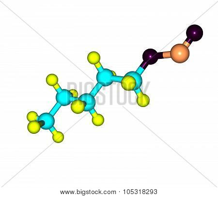 A model of Amyl Nitrite. It is used to treat angina and as an antidote to cyanide poisoning. 3d illustration
