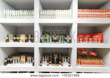 MOSCOW - DECEMBER 2, 2014: cans and bottles of beer on the exhibition stand of the brewery Moscow Brewing Company