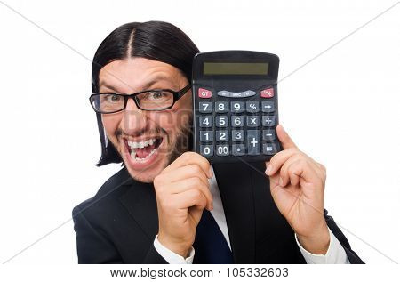 Man with calculator isolated on white