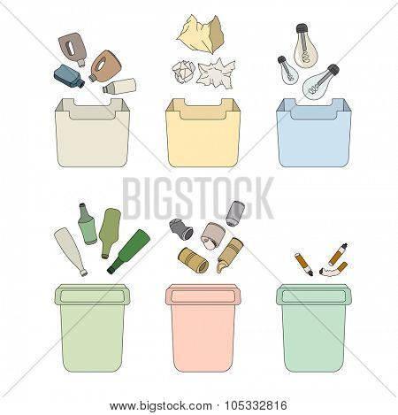 Sorting waste concept. Different kinds of rubbish bins and sorts of waste.