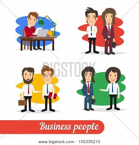 Cartoon business people talking together in corporate or partnership concept.