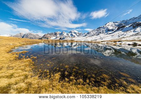 High Altitude Blue Alpine Lake In Autumn Season
