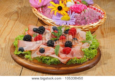 Ham Plate, Ham, Fruit, Raspberries, Blueberries, Blackberries, Lettuce
