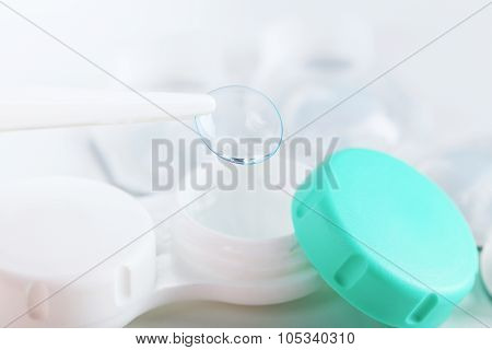 Contact Lenses Holding By Tweezers, Close Up