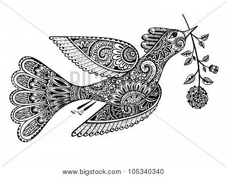 Hand Drawn Illustration Of Ornamental Fancy Bird With Flower.