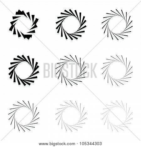 Abstract Radial Elements, Radiating Lines. Set Of 9 Version With Different Widths. Sunburst, Starbur