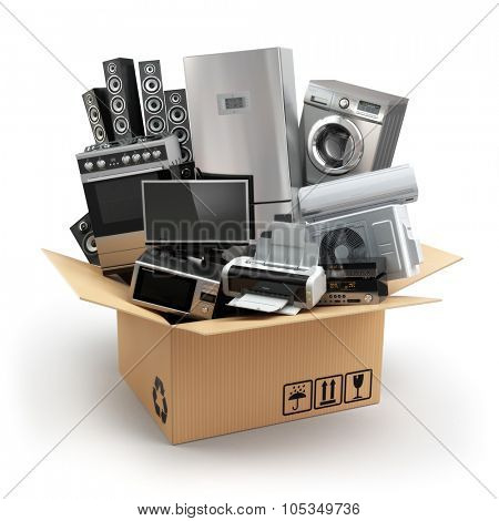 Delivery or moving concept. Home appliance in box. Fridge, washing machine, tv printer, microvawe oven, air conditioneer and loudspeakers. 3d