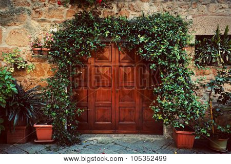 Retro wooden door outside old Italian house in a small town of Pienza, Italy. Plants decorations, ivy, vintage