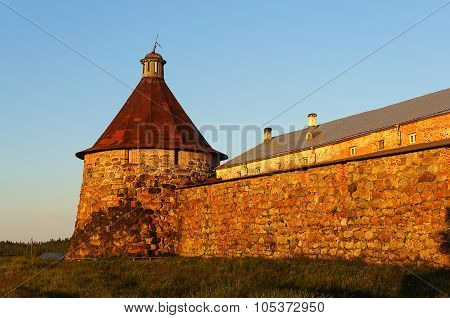 Walls And Towers Of The Solovetsky Monastery At Sunset