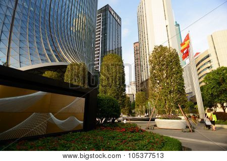 SHENZHEN, CHINA - MAY 28, 2014: area around the KK100. The KK100, formerly known as Kingkey 100 and Kingkey Finance Center Plaza, is a supertall skyscraper in Shenzhen, Guangdong province, China.