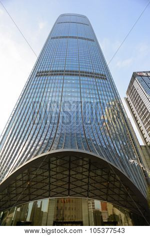SHENZHEN, CHINA - MAY 28, 2014: area around the KK100. The KK100, formerly known as Kingkey 100 and Kingkey Finance Center Plaza, is a supertall skyscraper in Shenzhen, Guangdong province, China.
