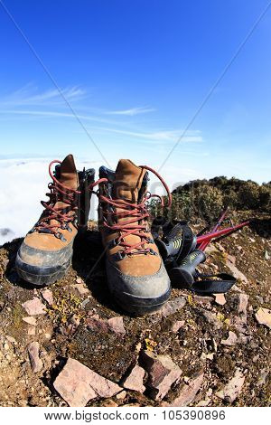 Hiking Boots On Beautiful Mountain Peak