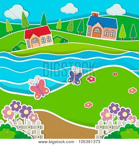 Houses by the river illustration