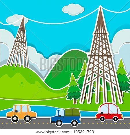 Scene with cars and power line illustration