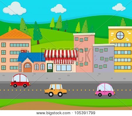 City scene with cars on the road illustration