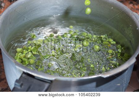 Green peas cooking in silver colored metal pot. fanesca preparation concept