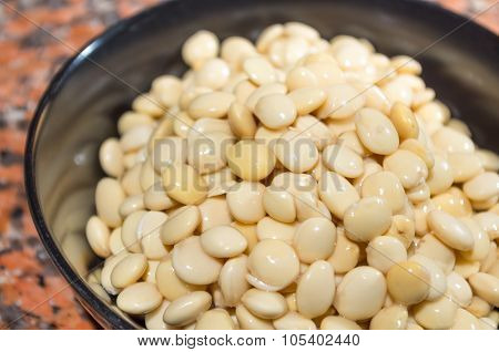Closeup bowl with lupini beans superfood, part of legum family