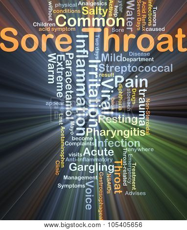 Background concept wordcloud illustration of sore throat glowing light