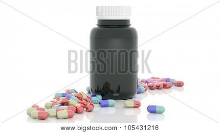 Colorful caplets and bottle, isolated on white background.
