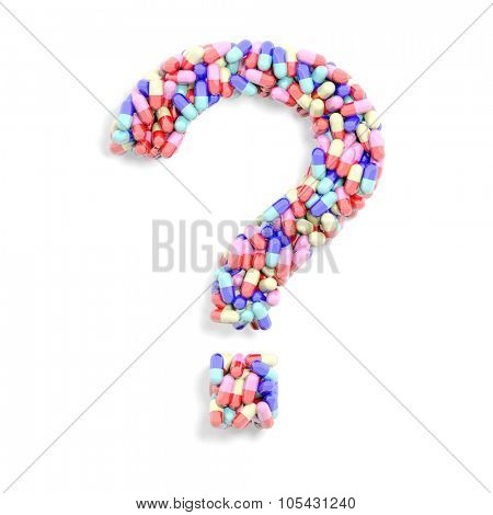 Colorful caplets in shape of a questionmark, isolated on white background.