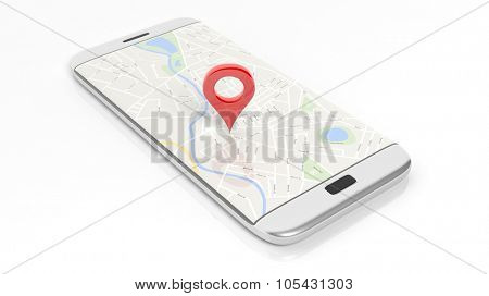 Smartphone with map and red pinpoint on screen, isolated on white background.