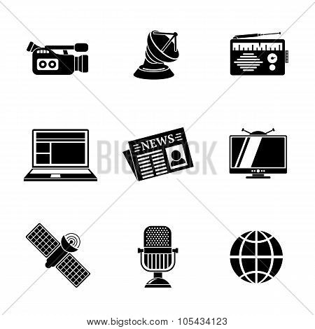 Set of media icons - news, radio, tv, internet, earth, satellite, camera, microphone. Vector
