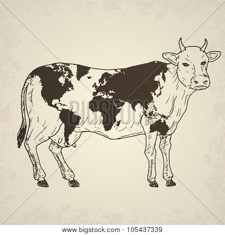 Cow with world map.