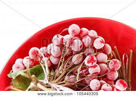 Frozen Viburnum On The Plate, Forlong-term Storage, White Background