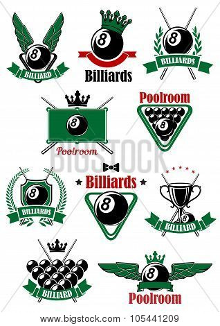 Billiards sport game heraldic icons