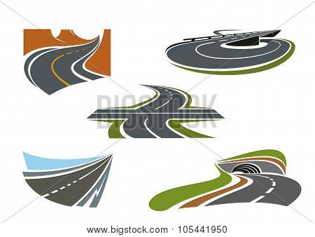 Modern highways, roads and freeways icons