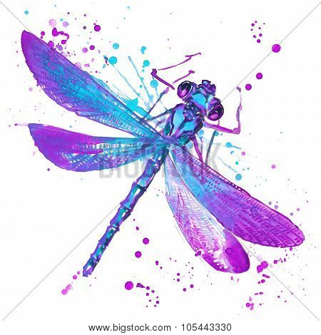 Dragonfly T-shirt Graphics, Dragonfly Illustration With Splash Watercolor Textured Background. Unusu