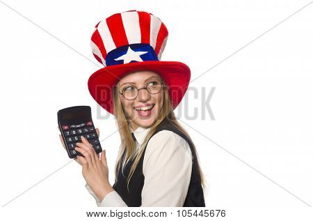 Woman with calculator isolated on white