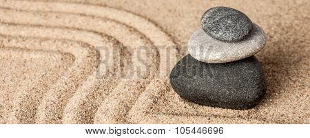 Japanese Zen stone garden - relaxation, meditation, simplicity and balance concept  - letterbox panorama of pebbles and raked sand tranquil calm scene