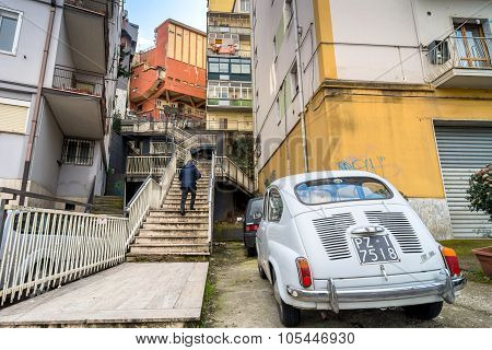 Downtown Street View And Old Car In Potenza