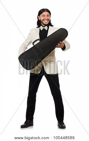 Man with violin case on whtie