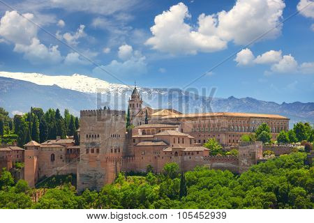 View of the famous Ancient Arabic fortress Alhambra, Granada, Spain, European travel