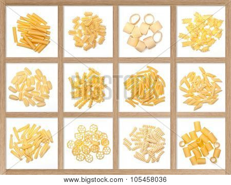food background different kind of italian pasta