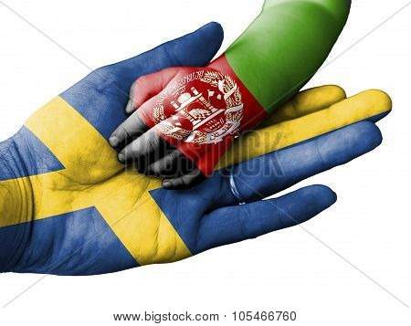 Adult Man Holding A Baby Hand With Sweden And Afghanistan Flags Overlaid. Isolated On White