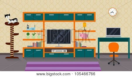 Interior Of A Living Room With Furniture, Tv And A Cute Cat With His Scratching Post