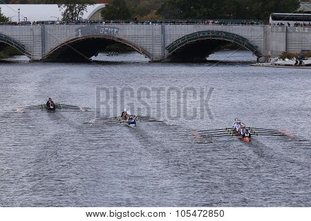 BOSTON - OCTOBER 18 2015: Marin(left) Saratoga(center)OKC Riversport(right) races in the Head of Charles Regatta Women's Youth Eights