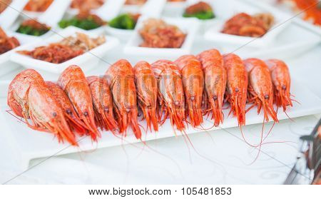 King Prawns On A Banquet. Starters Table