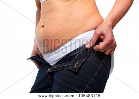 Woman fat belly. Overweight and weight loss concept.