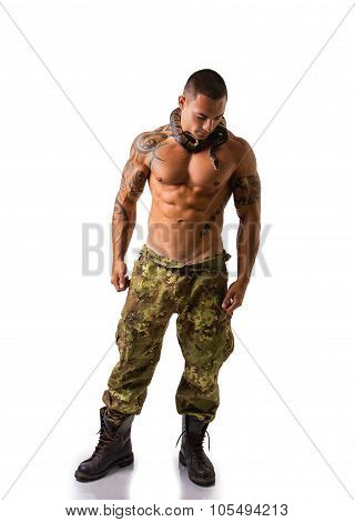 Muscular Man in Camo Pants with Snake Around Neck