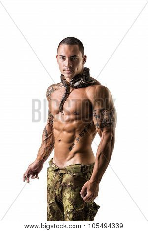 Muscular Man in Camo Pants with Snake Around Neck