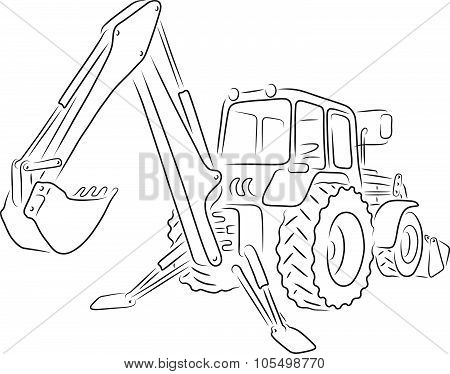 Outline of backhoe loader, vector illustration