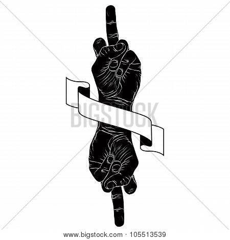 Middle Finger Hand Sign With Two Hands And Ribbon, Punk Emblem, Detailed Black And White Vector