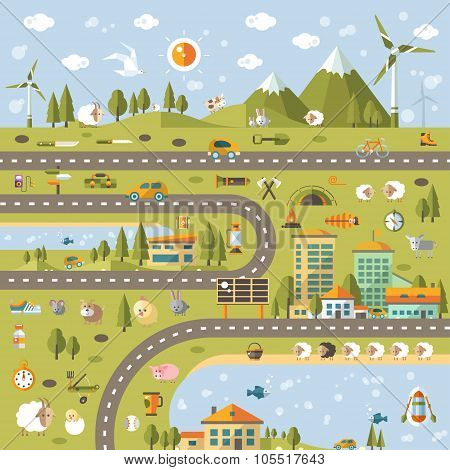 Modern flat design conceptual landscape illustration with info g